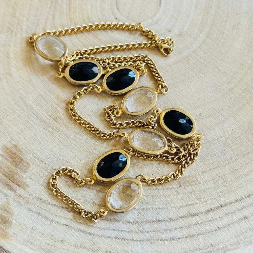 VTG elegant‎ gold link chain necklace black clear open bezel acrylic regal 30